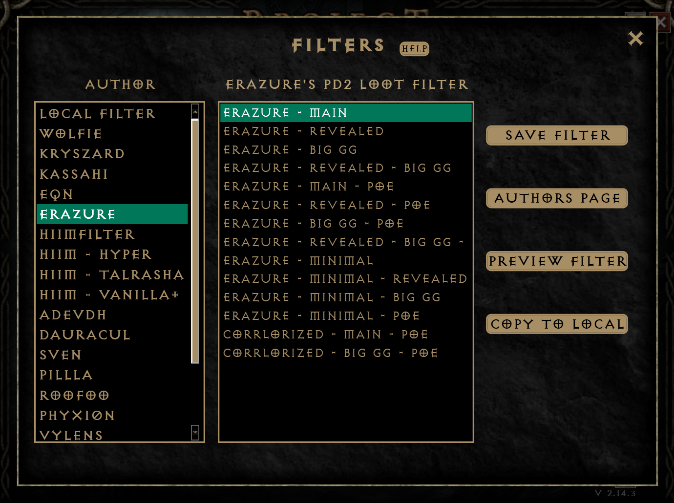 The Erazure filter versions in the PD2 launcher